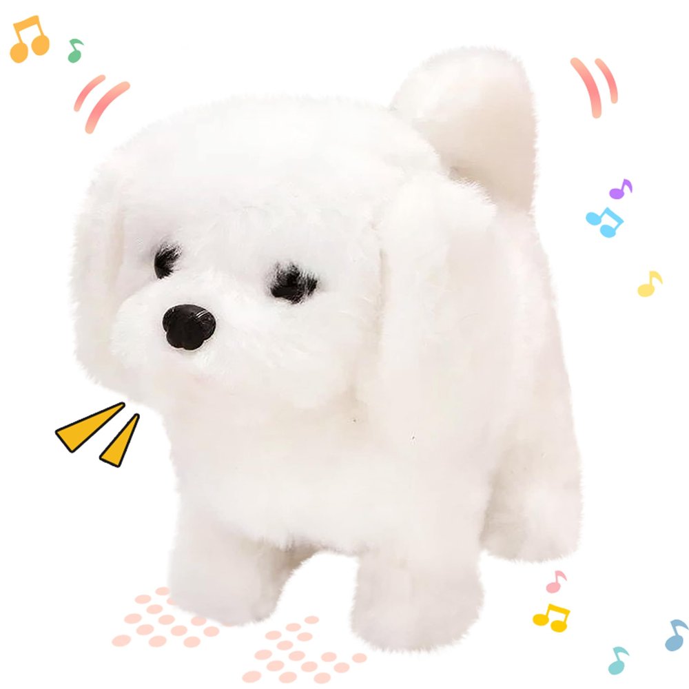 Hopearl Walking Dog Bichon Interactive Electronic Pet Plush Toy Puppy Woof and Moving Animated Nodding Head Gifts for Toddlers Birthday, White, 7''
