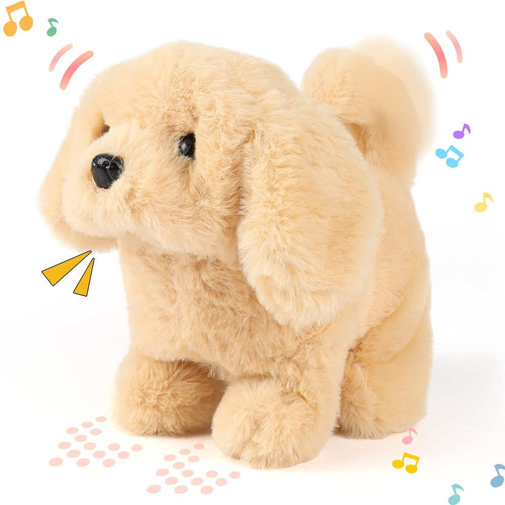 Hopearl Walking Dog Golden Retriever Interactive Electronic Pet Plush Toy Puppy Woof and Moving Animated Nodding Head Gifts for Toddlers Birthday, Brown, 7''
