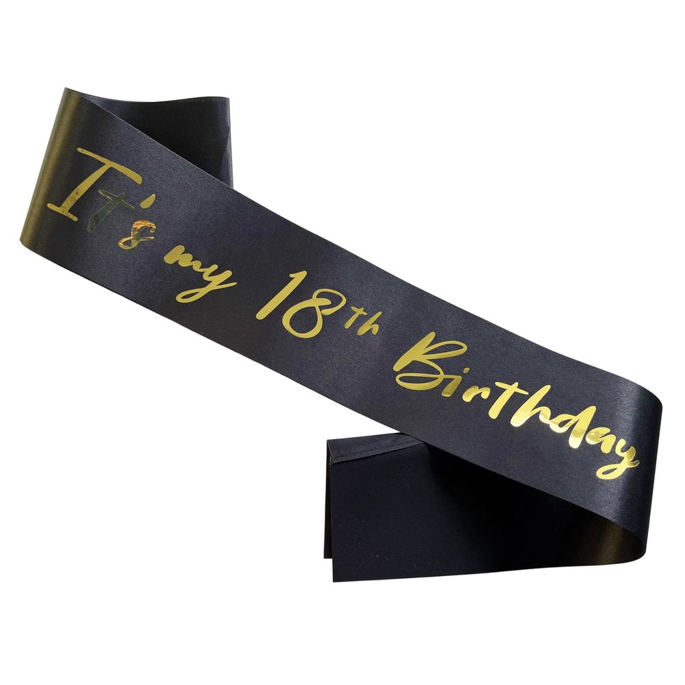 18th Birthday Sash, Black Satin Soft Sashes with Gold Foil Letter, It's My 18th Birthday Sash Decorations Gifts for Girls or Boy Happy 18th Birthday Party Favor Supplies