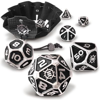 ENHANCE DND Metal Dice Set - 7pc Polyhedral Dice with 2-in-1 Vegan Leather Bag and Tray, Solid Metal Set for Dungeons and Dragons, Pathfinder, More RPGs (Collector's Edition Black)