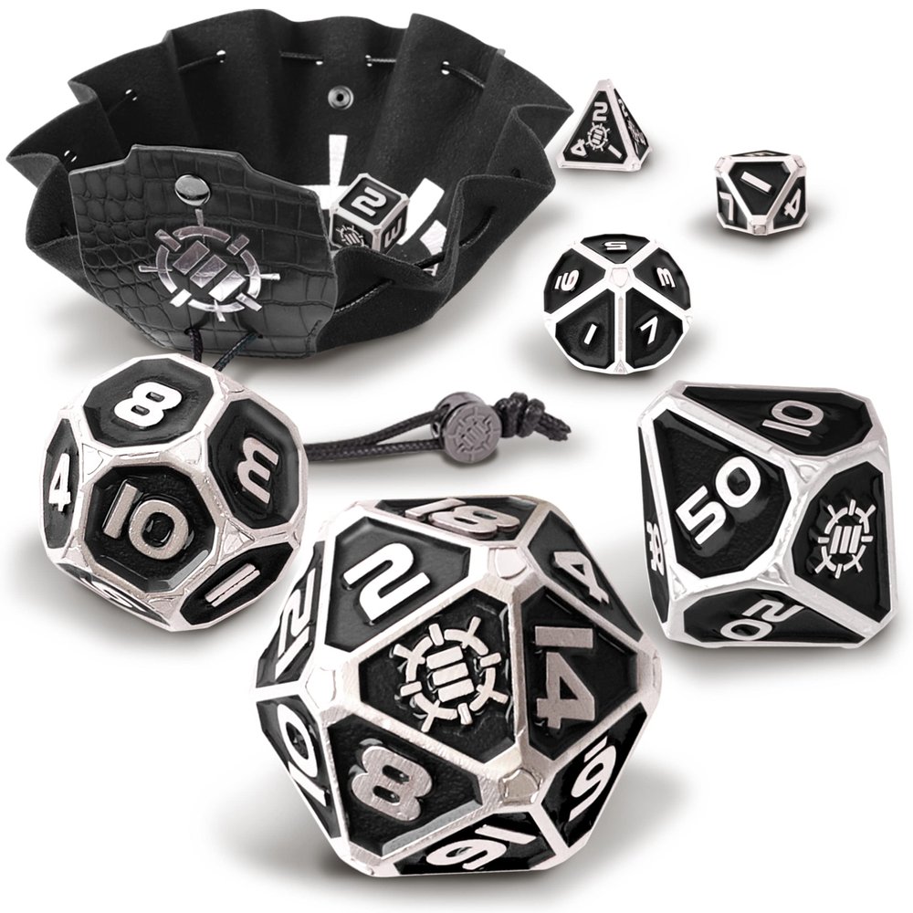 ENHANCE DND Metal Dice Set - 7pc Polyhedral Dice with 2-in-1 Vegan Leather Bag and Tray, Solid Metal Set for Dungeons and Dragons, Pathfinder, More RPGs (Collector's Edition Black)