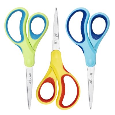 LIVINGO Student Scissors for School: 7 Inch 3 Pack Sharp Pointed Tip Teacher Scissors for Kids Middle High School College Classroom Craft, Comfortable Grip, Right Left Handed, Blue, Green, Yellow
