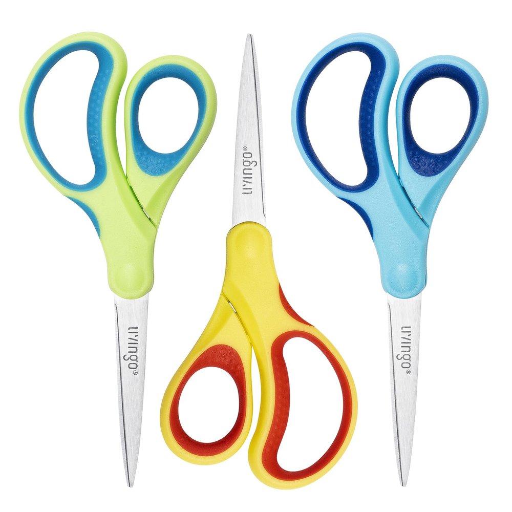 LIVINGO Student Scissors for School: 7 Inch 3 Pack Sharp Pointed Tip Teacher Scissors for Kids Middle High School College Classroom Craft, Comfortable Grip, Right Left Handed, Blue, Green, Yellow
