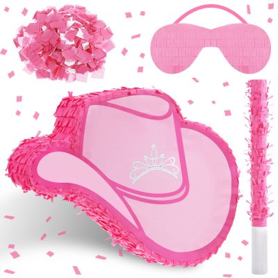 Jexine Cowgirl Hat Piata Bundle with a Blindfold and Bat Birthday Piatas for Western Cowboy Theme Birthday Party Favors Photo Prop Candy Holder Party Supplies (Sweet)