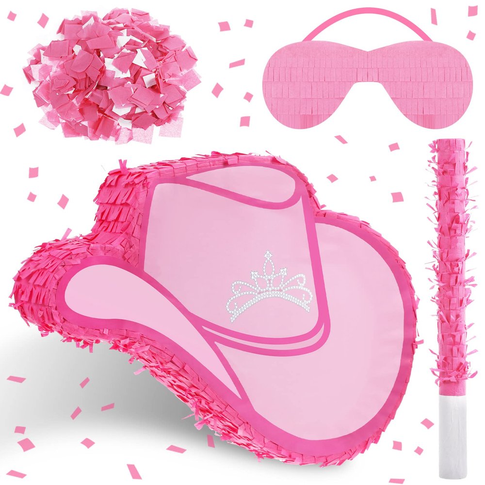 Jexine Cowgirl Hat Piata Bundle with a Blindfold and Bat Birthday Piatas for Western Cowboy Theme Birthday Party Favors Photo Prop Candy Holder Party Supplies (Sweet)