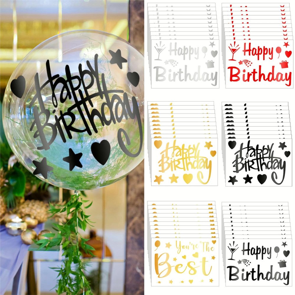 Estune 60 Sheets Happy Birthday Balloons Stickers Birthday Party Supplies Clear Bobo Balloon Stickers Gift Decoration Decals for DIY School Party Supplies, Gold Black