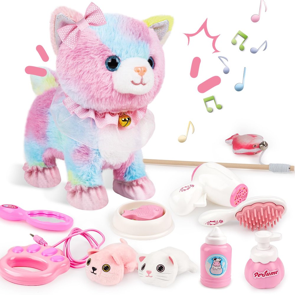 deAO Remote Control Electronic Plush Cat for Kids,Interactive Electronic Cat Toy, Barks,Walks, Pretend Dress Up,Stuffed Animal Walking Cat for Kids Boys Girls