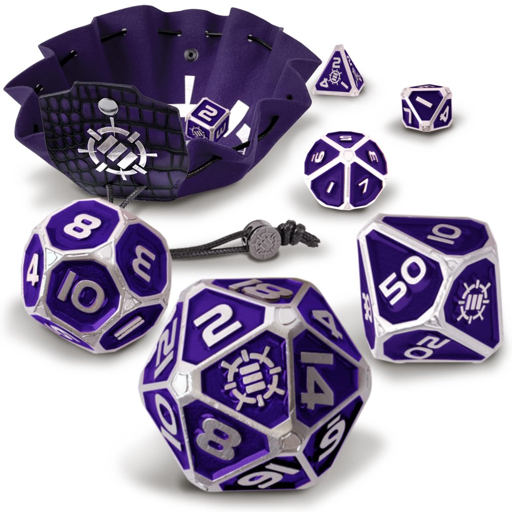 ENHANCE DND Metal Dice Set - 7pc Polyhedral Dice with 2-in-1 Vegan Leather Bag and Tray, Solid Metal Set for Dungeons and Dragons, Pathfinder, More RPGs (Collector's Edition Purple)