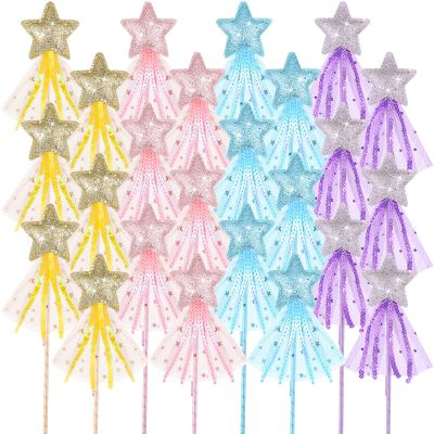 Honoson 50 Pcs Glitter Star Magic Wand Princess Wand Fairy Angel Star Stick with Ribbon for Girl Kid Birthday Wedding Princess Dress up Role Play Party Supply Favor, Pink Purple Gold Blue