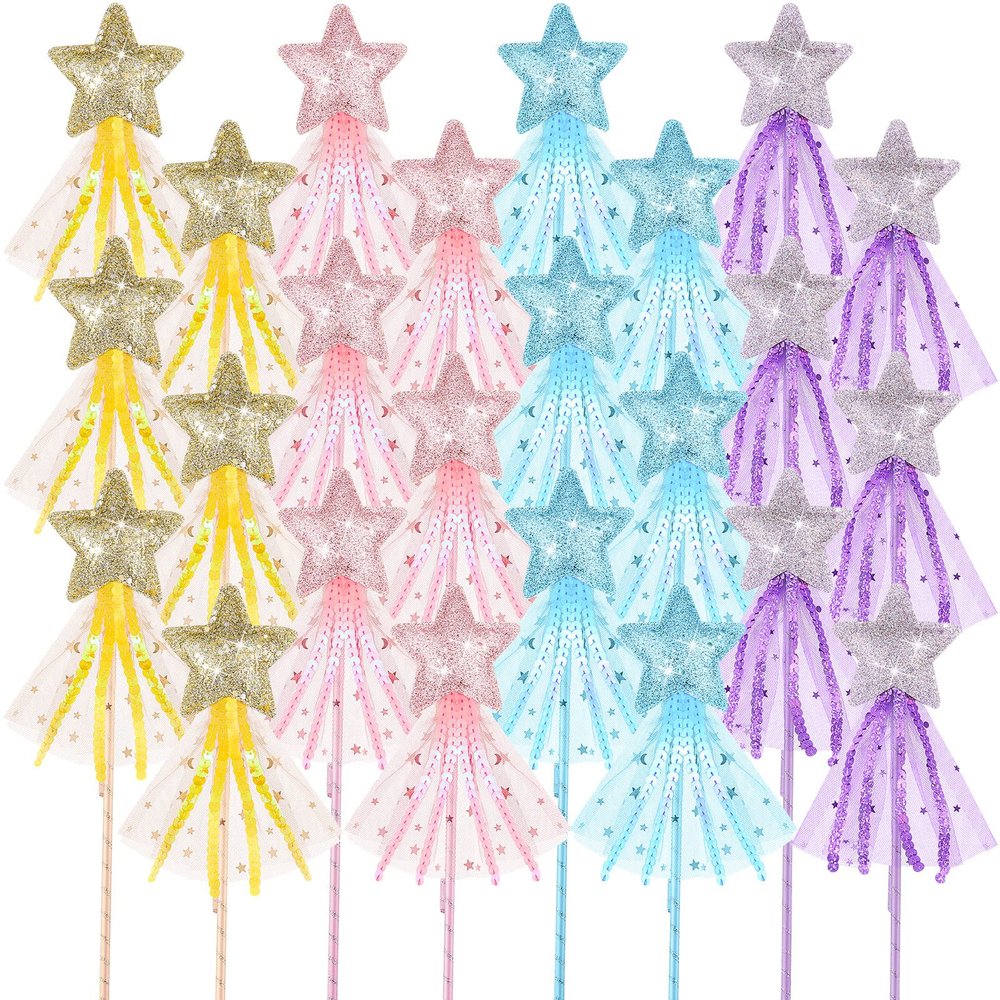 Honoson 50 Pcs Glitter Star Magic Wand Princess Wand Fairy Angel Star Stick with Ribbon for Girl Kid Birthday Wedding Princess Dress up Role Play Party Supply Favor, Pink Purple Gold Blue