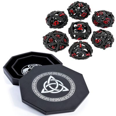 Silver Celtic Knot Dice Tray + Black Red Hollow Orb Dice