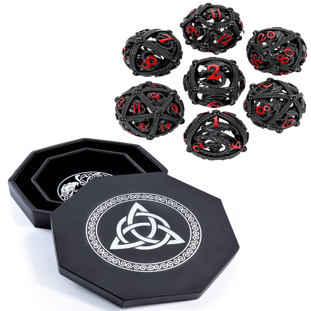 Silver Celtic Knot Dice Tray + Black Red Hollow Orb Dice