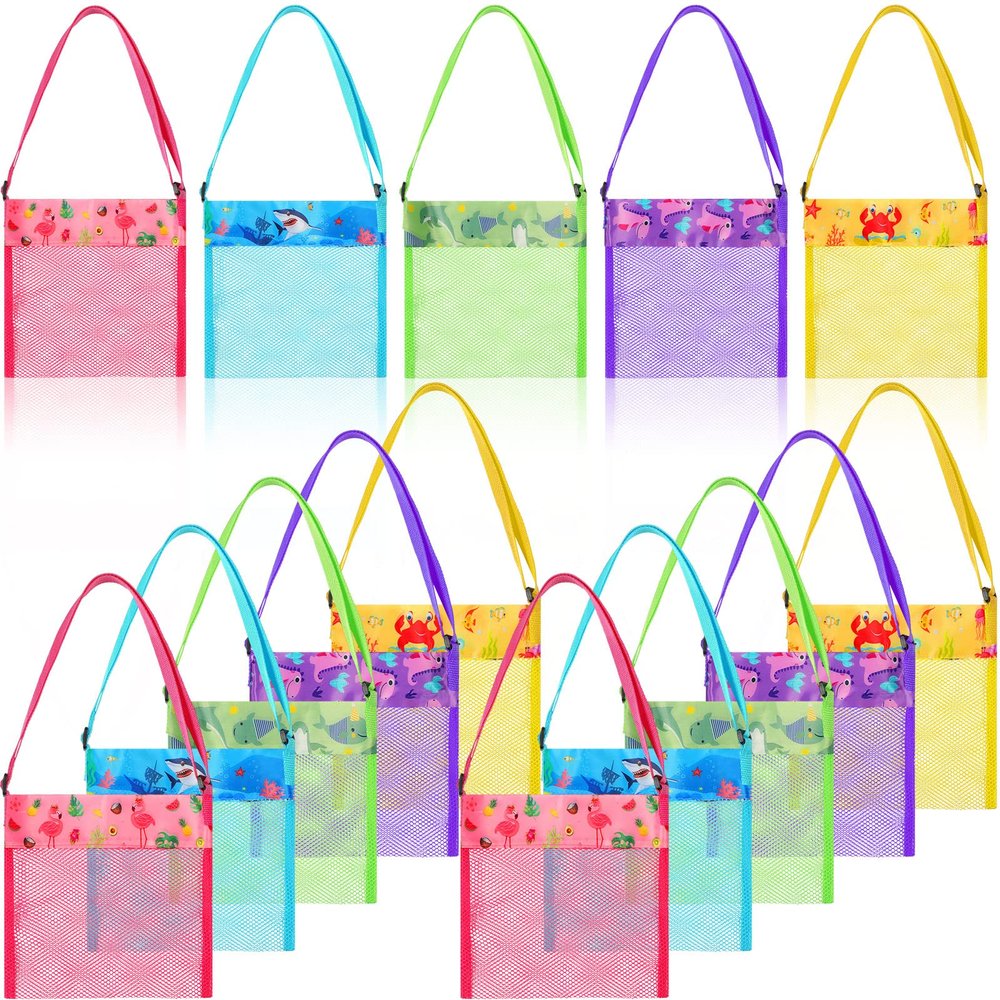 Frienda 15 Pack Mesh Beach Tote Bag, Seashell Bags, Bag Toys Organizer for Holding Beach Children' Toys Market Picnic(Cute Style)