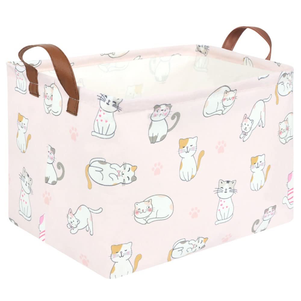 FXOLCSHE Rectangular Pink Cat Baskets,Cute Kids Toy Storage Basket Bin,Pink Gift Organizer,Toys Box,Toy Organizer,Baby Nursery,Empty Rectangular Cat Room Decor(Pink Cats)