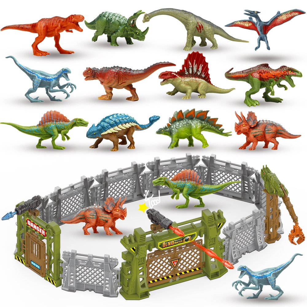 12PCS Mini Dinosaurs Figurines Toys with Dinosaur Trainning Fence Play Toys Set for Kids 3-5 5-7, Capture n Escape Jurassic Dino World Playset, including 12 Jurassic Dinosaur Fences Gates 2 Blasters