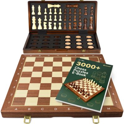 2 in 1 Magnetic Chess Set & Checkers Board Game for Adults and Kids - 15" Chess Tournament Chessboard with Magnetic Pieces - Free E-Book with Chess Puzzles