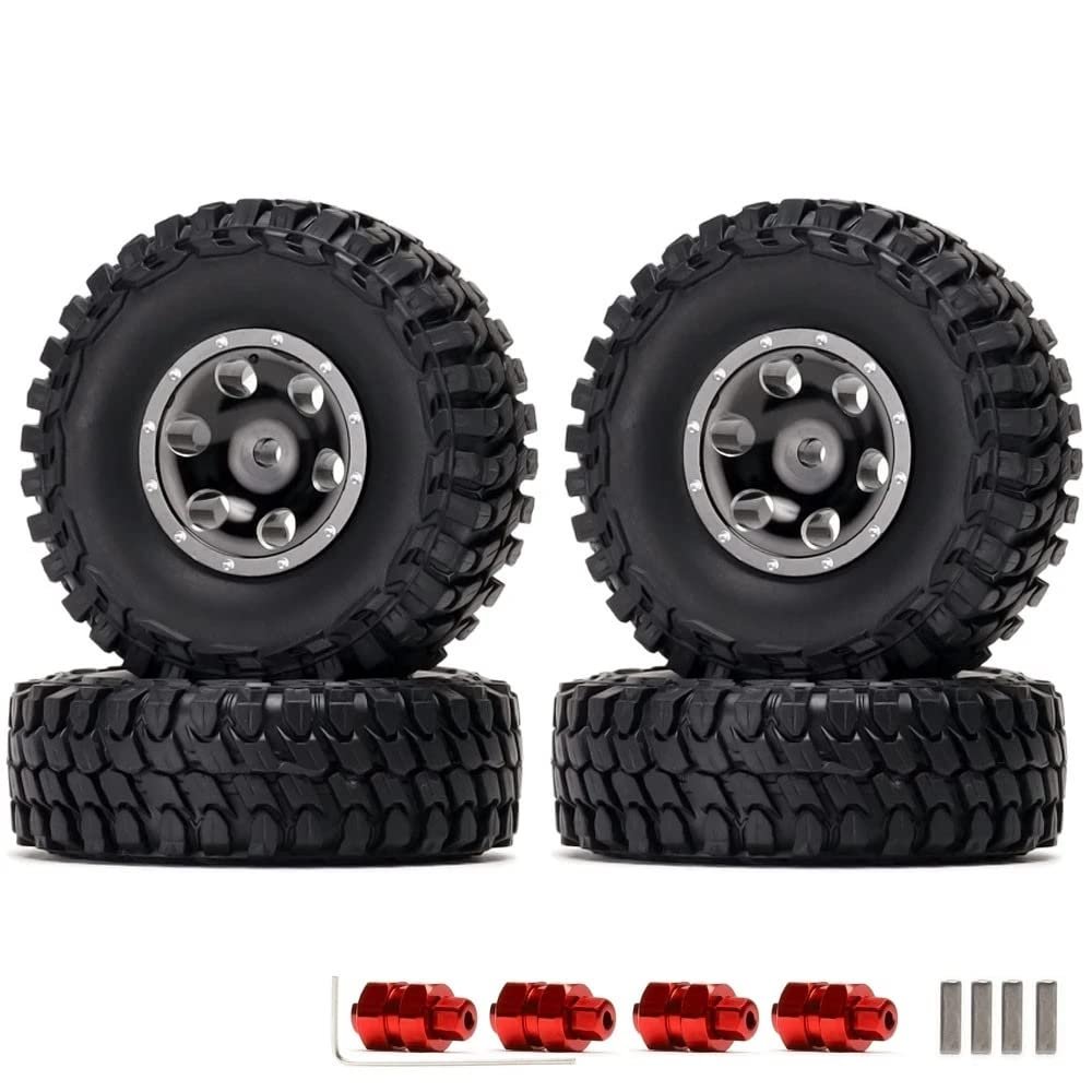 KingVal Replacement 4PCS 1.0 Beadlock Wheel Rim Tires Hex Hub 7mm with Extension Adapter Compatible with Axial SCX24 AXI00002 AXI00004 AXI00005 AXI00006 AXI90081 1/24 RC Crawler Car