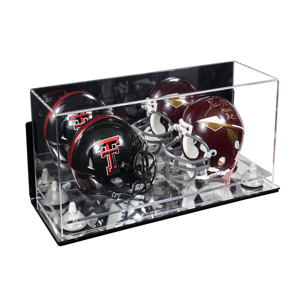 Better Display Cases Acrylic 2 Mini Football Helmet (not Full Size) Display Case with Mirror Case, White Risers Wall Mount and Mirror Base 17" x 6" x 7" (A019/V46)