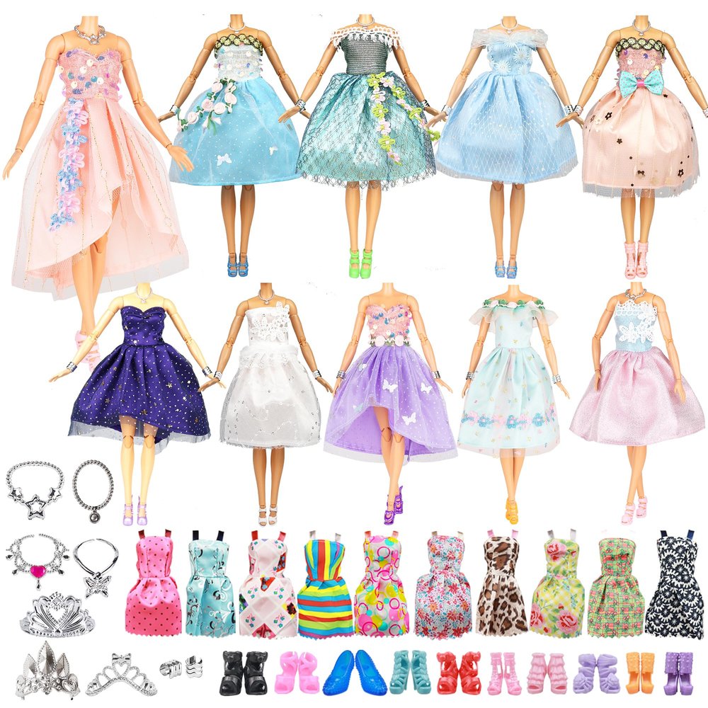 Keysse Doll Clothes and Accessories 39 Pack, Newest Unique & Fashion Forest Fairy Dress for Dolls, 10 Fairy Dress, 10 Mini Skirts and 9 Accesssories, 10 Shoes