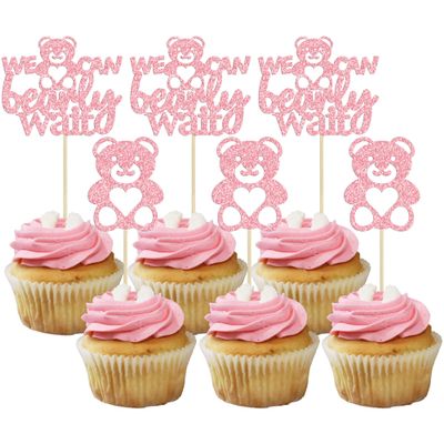 Gyufise 24Pcs We Can Bearly Wait Cupcake Toppers Pink Glitter Bear Cupcake Picks Baby Shower Cake Decorations for Gender Reveal Theme Baby Shower Kids Birthday Party Supplies