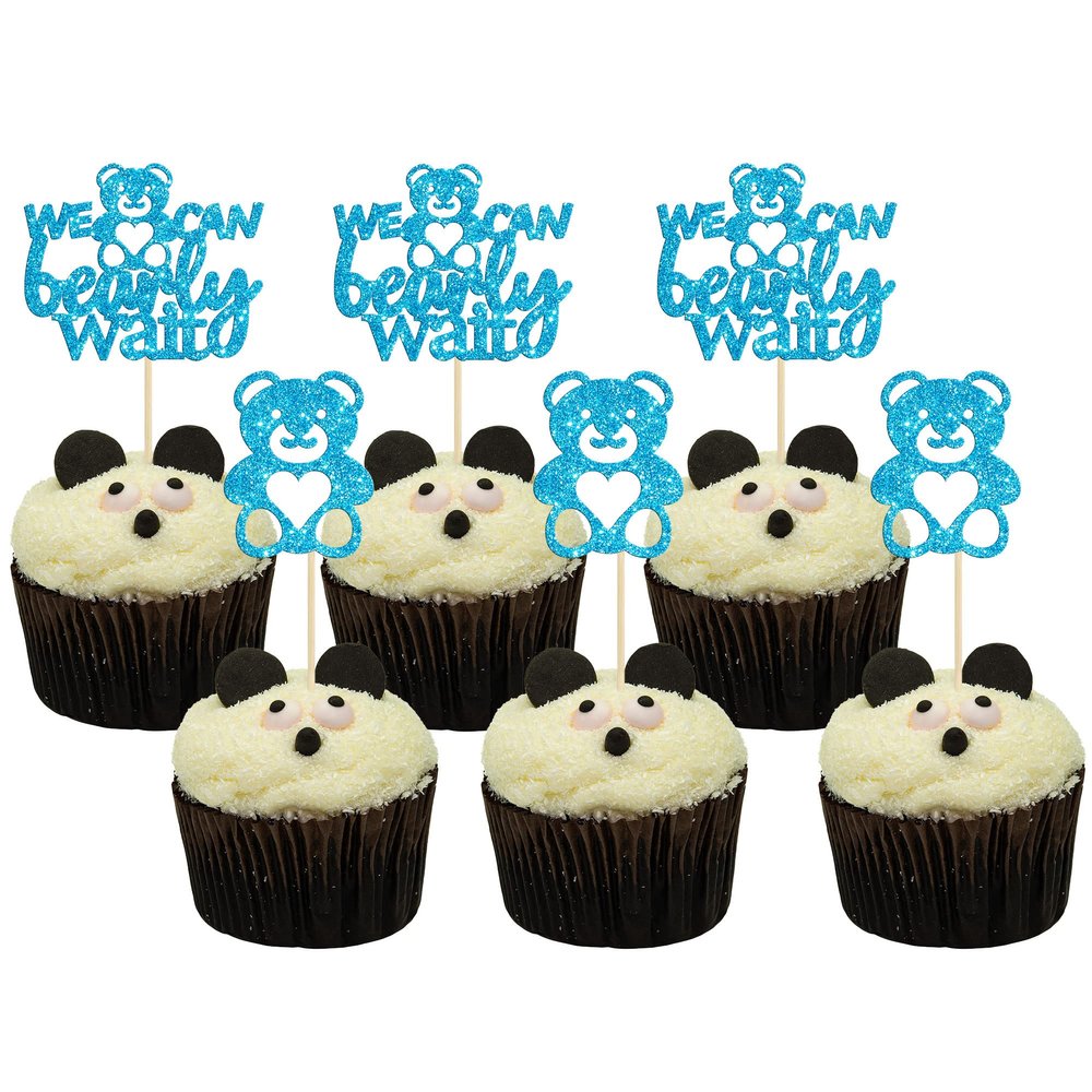 Gyufise 24Pcs We Can Bearly Wait Cupcake Toppers Blue Glitter Bear Cupcake Picks Baby Shower Cake Decorations for Gender Reveal Theme Baby Shower Kids Birthday Party Supplies