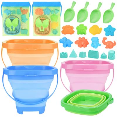 4 Packs Foldable Beach Buckets Set, Collapsible Bucket with Sand Shovels and Mesh Bag for Kids Toddlers Beach Toys, Silicone Sand Pails, Easter Egg Hunt, Camping, Travelling and Fishing Water Pail