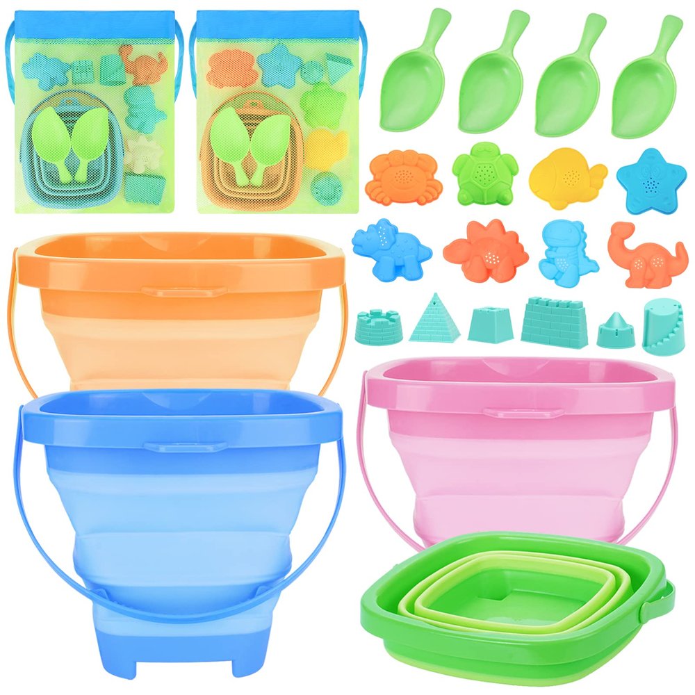 4 Packs Foldable Beach Buckets Set, Collapsible Bucket with Sand Shovels and Mesh Bag for Kids Toddlers Beach Toys, Silicone Sand Pails, Easter Egg Hunt, Camping, Travelling and Fishing Water Pail