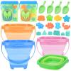 4 Packs Foldable Beach Buckets Set, Collapsible Bucket with Sand Shovels and Mesh Bag for Kids Toddlers Beach Toys, Silicone Sand Pails, Easter Egg Hunt, Camping, Travelling and Fishing Water Pail view 1