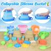 4 Packs Foldable Beach Buckets Set, Collapsible Bucket with Sand Shovels and Mesh Bag for Kids Toddlers Beach Toys, Silicone Sand Pails, Easter Egg Hunt, Camping, Travelling and Fishing Water Pail view 2