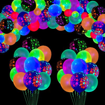 109 Pack UV Neon Balloons Light Up Balloons Glow in The Dark Balloon Blacklight Reactive Fluorescent Stars Latex Balloon Neon Party Supplies Black Lights Glow Party Decorations Assorted Colors