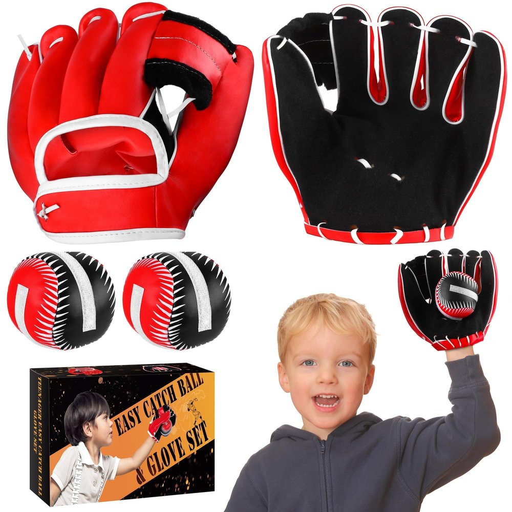 Aodaer 2 Pack T Ball Sets Baseball Glove and Ball Set for Teenager Easy Catch, Yard Lawn Game, Baseball Play - Black and Red