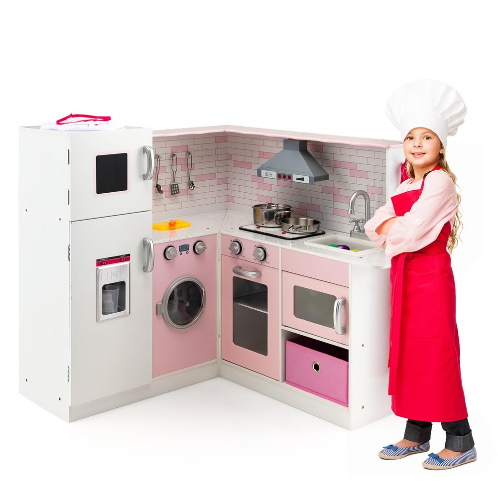 HONEY JOY Pink Corner Kids Kitchen Playset, Wooden Play Kitchen for Toddlers, Washing Machine, Range Hood, Water Dispenser, Cookware, Apron, Little Chef Pretend Toy Kitchen Set w/Lights & Sounds
