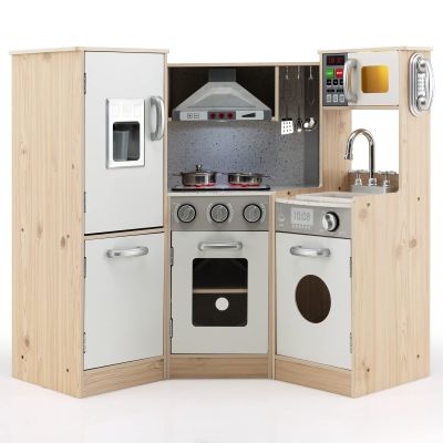 HONEY JOY Corner Kids Kitchen Playset, Wooden Play Kitchen for Toddlers, Range Hood, Phone, Water Dispenser, Storage Box, Little Chef Pretend Toy Kitchen Set w/Lights & Sounds, Natural