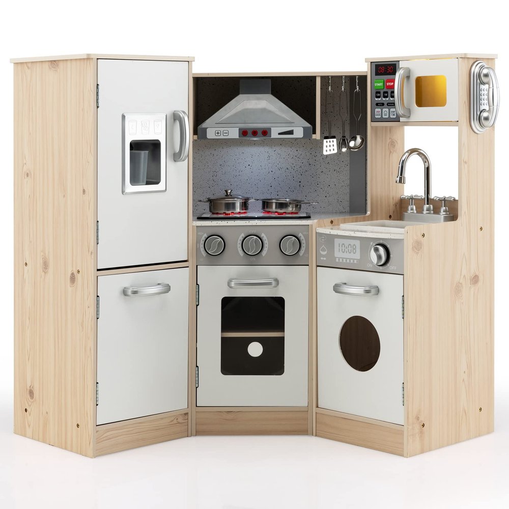 HONEY JOY Corner Kids Kitchen Playset, Wooden Play Kitchen for Toddlers, Range Hood, Phone, Water Dispenser, Storage Box, Little Chef Pretend Toy Kitchen Set w/Lights & Sounds, Natural