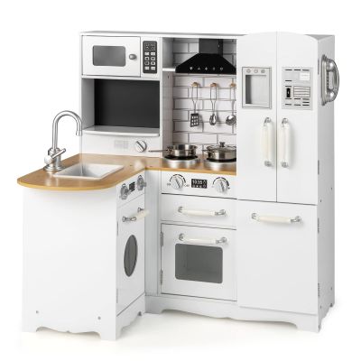 HONEY JOY Corner Kids Kitchen Playset, Little Chef Wooden Play Kitchen for Toddlers, Microwave, Refrigerator, Water Dispenser, Range Hood, Cookware, Pretend Play Toy Kitchen Set for Boys Girls