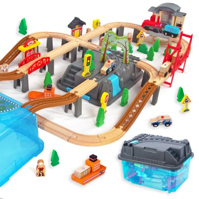 WoodenEdu 100Pcs Wooden Train Set for 3 Year Old Boys, Double-Side Train Set Tracks with Bridge Train Station & Storage Box, Fits Brio, Thomas, Melissa and Doug, Kids Gift Toys for Boy 3-7 (100pcs)