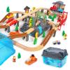 WoodenEdu 100Pcs Wooden Train Set for 3 Year Old Boys, Double-Side Train Set Tracks with Bridge Train Station & Storage Box, Fits Brio, Thomas, Melissa and Doug, Kids Gift Toys for Boy 3-7 (100pcs) view 1