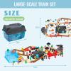 WoodenEdu 100Pcs Wooden Train Set for 3 Year Old Boys, Double-Side Train Set Tracks with Bridge Train Station & Storage Box, Fits Brio, Thomas, Melissa and Doug, Kids Gift Toys for Boy 3-7 (100pcs) view 3