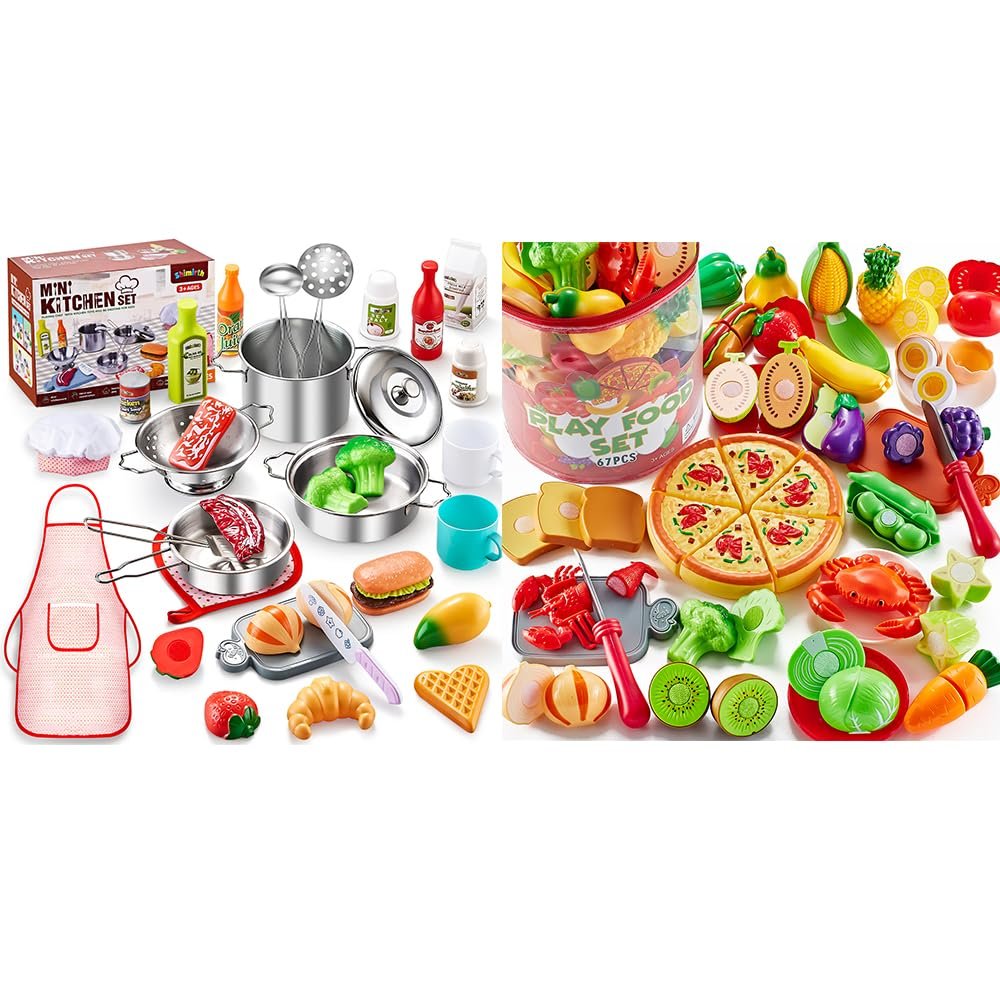 Shimirth 67+37pcs Play Kitchen Accessories, Cutting Play Food Sets. Boys&Girls Gifts.