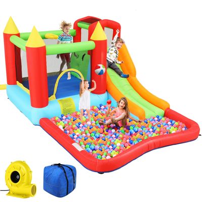 Inflatable Bounce House, Jumping Castle with Slide for Kids 3-12, Outdoor/Indoor Bouncy House Backyard with Jumping Area,Long Slide,Climbing Wall,Ball Pit, Air Blower Include