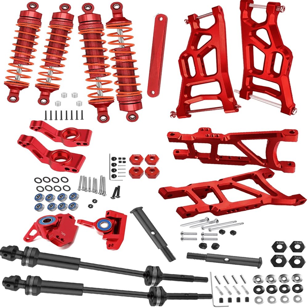 Rcarmumb Upgrades Part for 1/10 Rustler VXL 2wd/Stampede VXL 2wd,Steel #45 Driveshafts,Alloy Front Rear Shock Absorbers,Suspension A Arms,Steering Blocks Caster BlocksC-Hubs Left&Right,Red