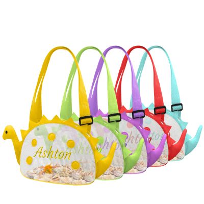 AtiMing Personalized Mesh Beach Bag Kids Dinosaur Shaped Seashell Collecting Bags, 2 Pack Custom Name Mesh Beach Shell Bags with Zipper Mesh Beach Storage Bag for Boys and Girls in The Sand