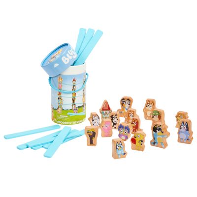 Bluey Stacking Game  Spin, Balance & Play with 15 Fun Character Pieces & Sticks, Exciting Wooden Stacking Game for Kids, Toddlers & Families Ages 3+