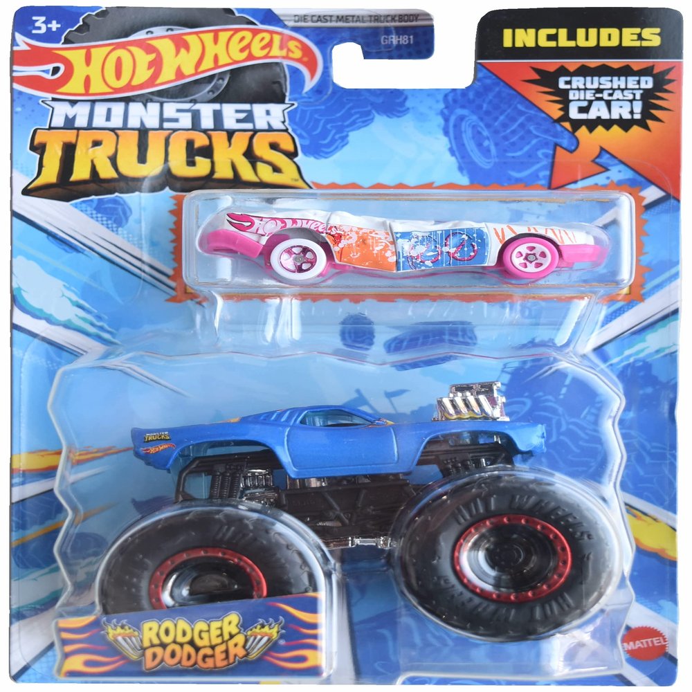 Hot Wheels Monster Trucks Rodger Dodger, Includes Crushed Sudden Stop