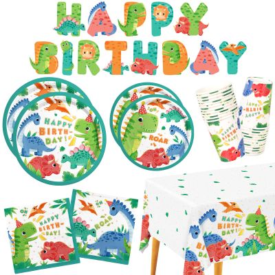 Dinosaur Birthday Party Supplies Disposable Paper Plates Napkins Cups Tablecloth and Banner for Dinosaur Party Decorations Serve 25