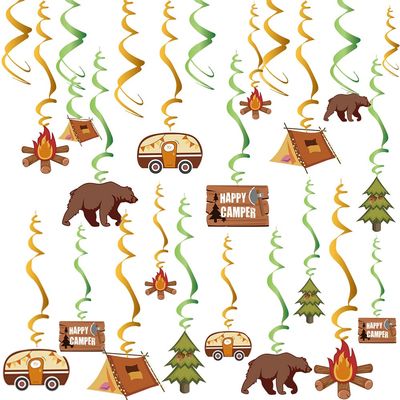 36PCS Happy Camper Party Hanging Swirls Decorations, Camping Theme Party Supplies Adventure Bears Sign Foil Swirls Ceiling Decorations, Birthday Party Hanging Decor