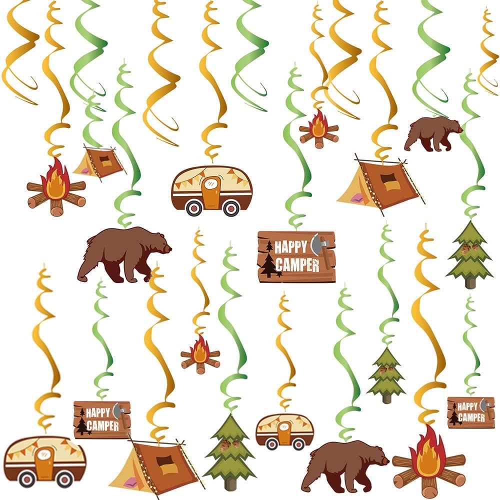 36PCS Happy Camper Party Hanging Swirls Decorations, Camping Theme Party Supplies Adventure Bears Sign Foil Swirls Ceiling Decorations, Birthday Party Hanging Decor
