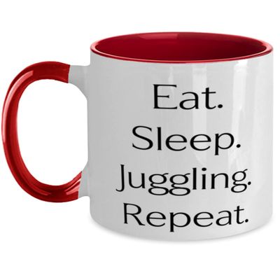 New Juggling Gifts, Eat. Sleep. Juggling. Repeat, Special Birthday Two Tone 11oz Mug From Friends, Juggling balls, Juggling clubs, Juggling scarves, Juggling rings