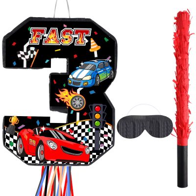 Harrycle Race Car Piata Pull String Cars Piatas for Birthday Party Decorations Number 2 3 4 5 6 with Blindfold Stick Small Red Black Racing Theme 2nd 3rd 4th 5th 6th Party Supplies(Number 3)