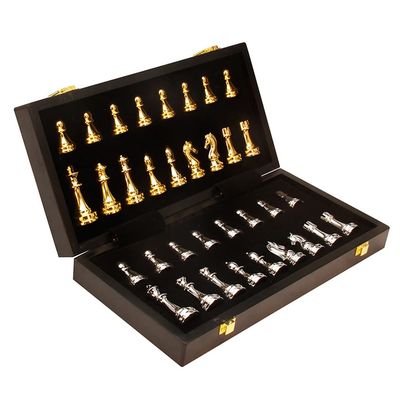 LANGWEI Large Metal Deluxe Chess Retro Alloy Chess Adult Set Board Game Portable Wooden Box Storage Folding Chess Set,15.3 * 15.3in